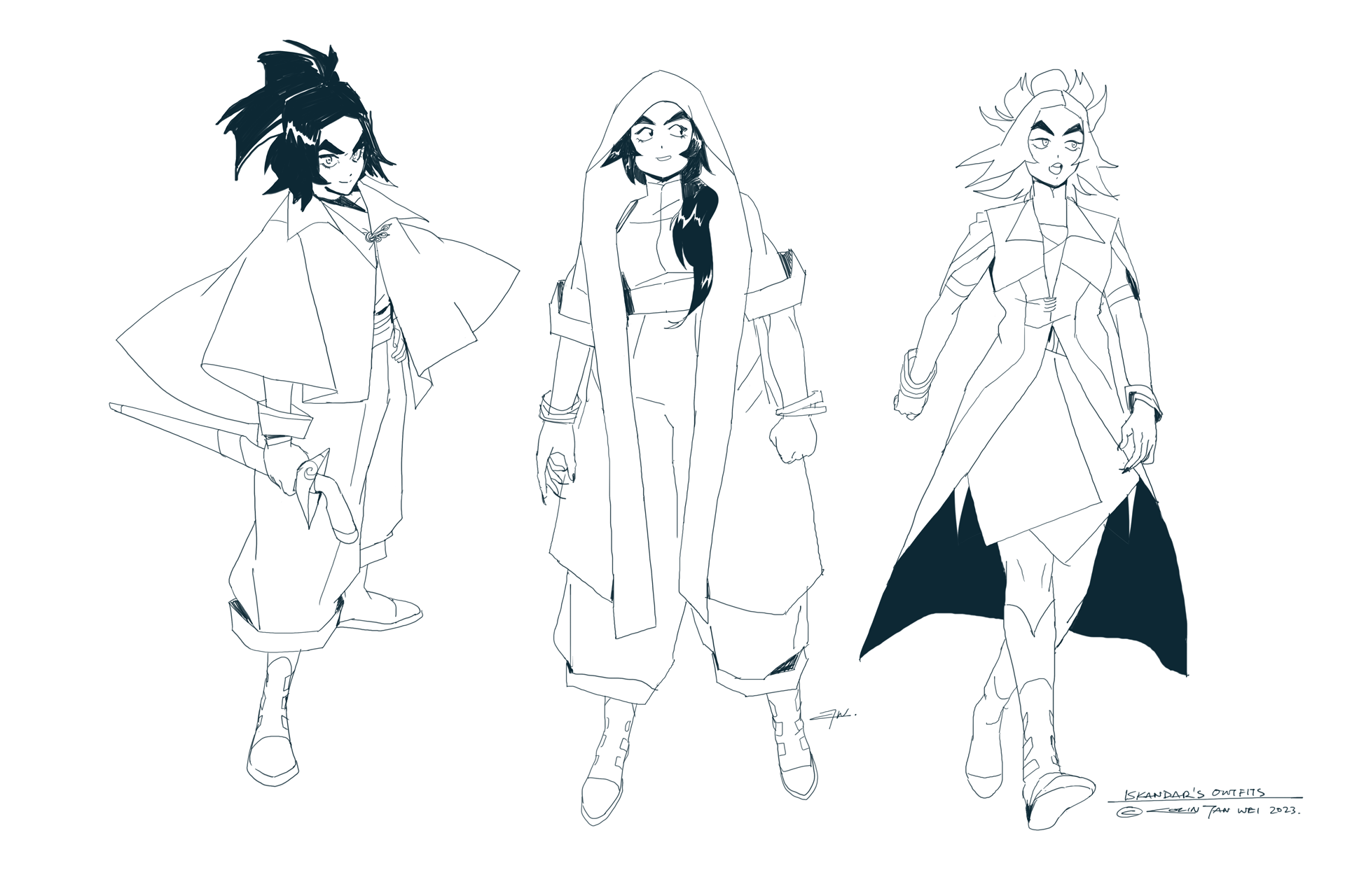 Concept art of Iskandar, a character from Little Sparrow, in several costume designs.